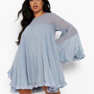 Blue  Dobby Mesh Pleated Detail Smock Dress